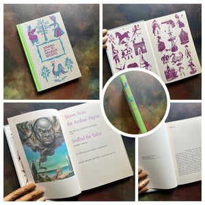 A collage of Junior Deluxe Edition books showing the cover, inside cover, spine, title page and copyright page of the book, Stories from Arabian Nights, written by Laurence Housman - vintage children's classic literature books-collectible children's books-rainbow book spines
