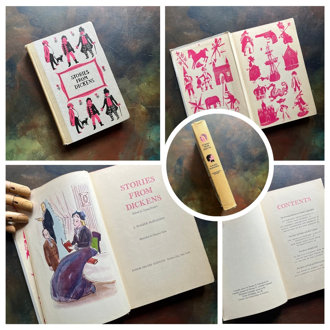A collage of Junior Deluxe Edition books showing the cover, inside cover, spine, title page and copyright page of the book, Stories from Dickens, written by Charles Dickens - vintage children's classic literature books-collectible children's books-rainbow book spines