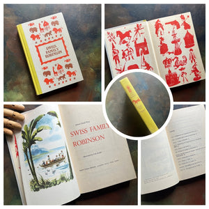 A collage of Junior Deluxe Edition books showing the cover, inside cover, spine, title page and copyright page of the book, Swiss Family Robinson, written by Johann David Wyss - vintage children's classic literature books-collectible children's books-rainbow book spines