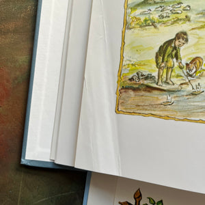 Tasha Tudor's Fairy Tales and A Child's Garden of Verses-Robert Louis Stevenson-Tasha Tudor Illustrations-classic children's literature-vintage children's books-view of the condition of a page in A Child's Garden of Verses with wrinkles at the bottom where it looks like it was accidentally folded & then kept that way for years.