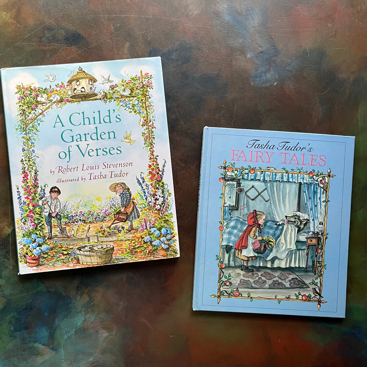 Tasha Tudor's Fairy Tales and A Child's Garden of Verses-Robert Louis Stevenson-Tasha Tudor Illustrations-classic children's literature-vintage children's books-view of the front covers - note A Child's Garden of Verses shows the dust jacket cover
