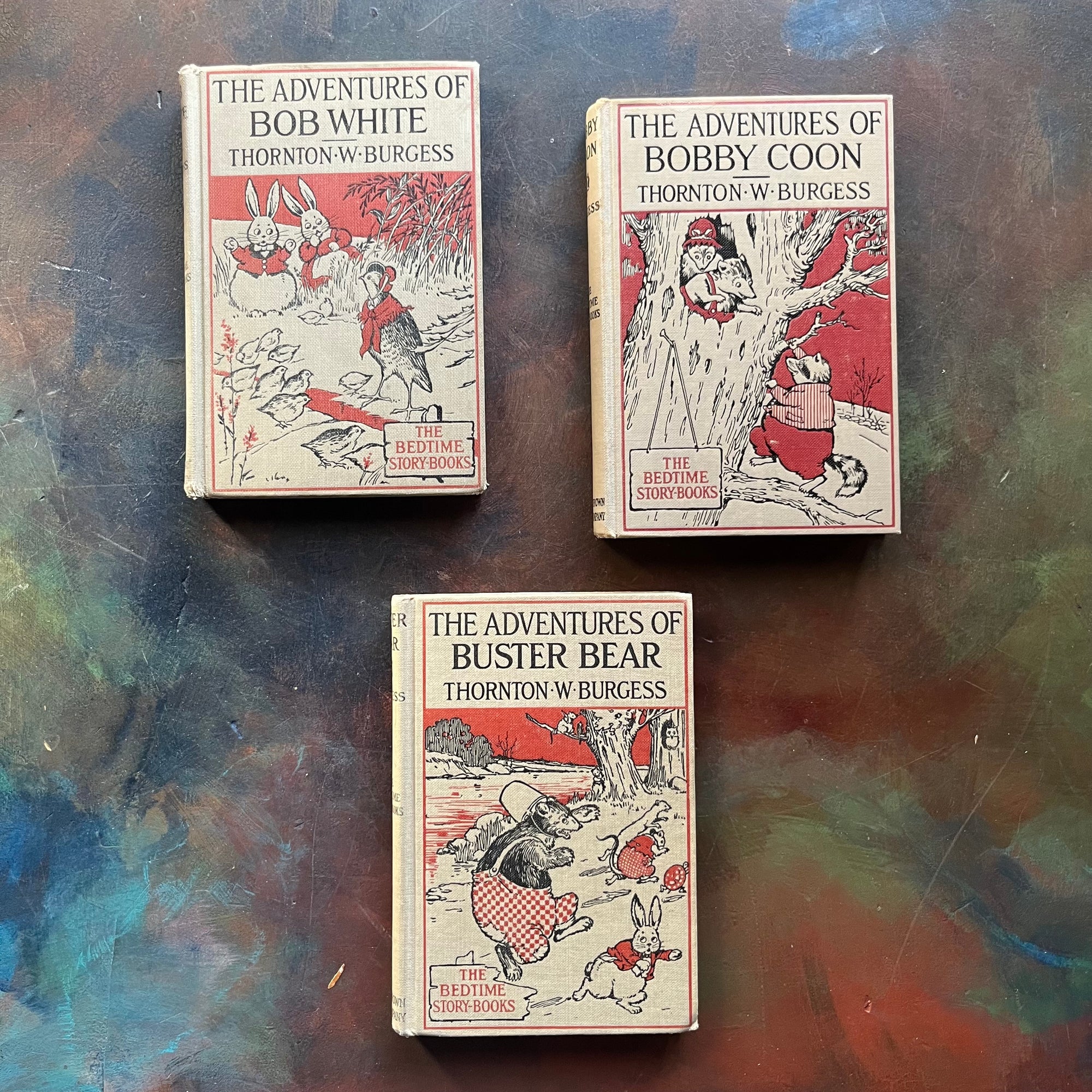 The Bedtime Story-Books written by Thornton Burgess with illustrations by Harrison Cady-The Adventures of Bob White-The Adventures of Bobby Coon, and The Adventures of Buster Bear-vintage children's stories-view of the front covers