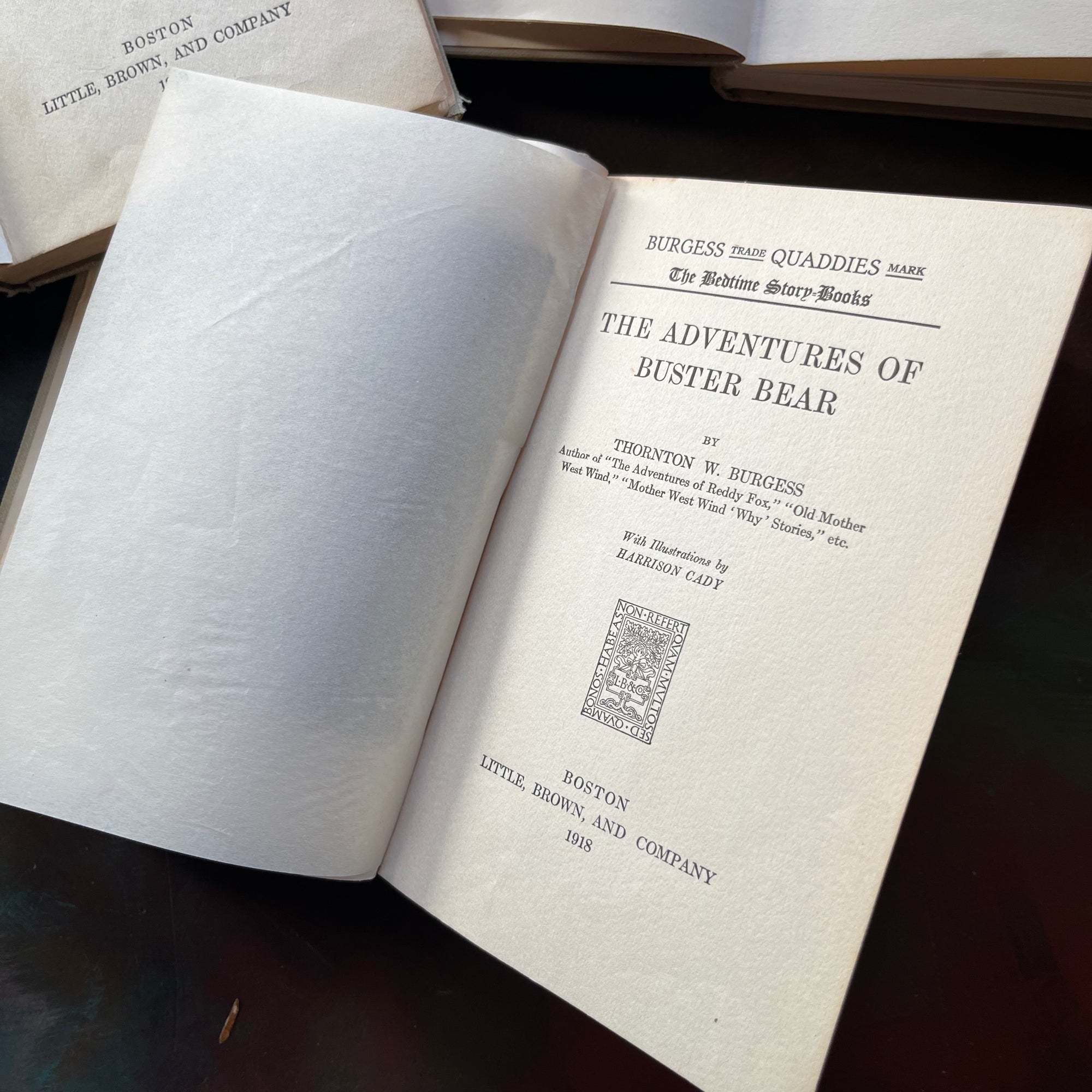 The Bedtime Story-Books written by Thornton Burgess with illustrations by Harrison Cady-The Adventures of Bob White-The Adventures of Bobby Coon, and The Adventures of Buster Bear-vintage children's stories-view of the title page