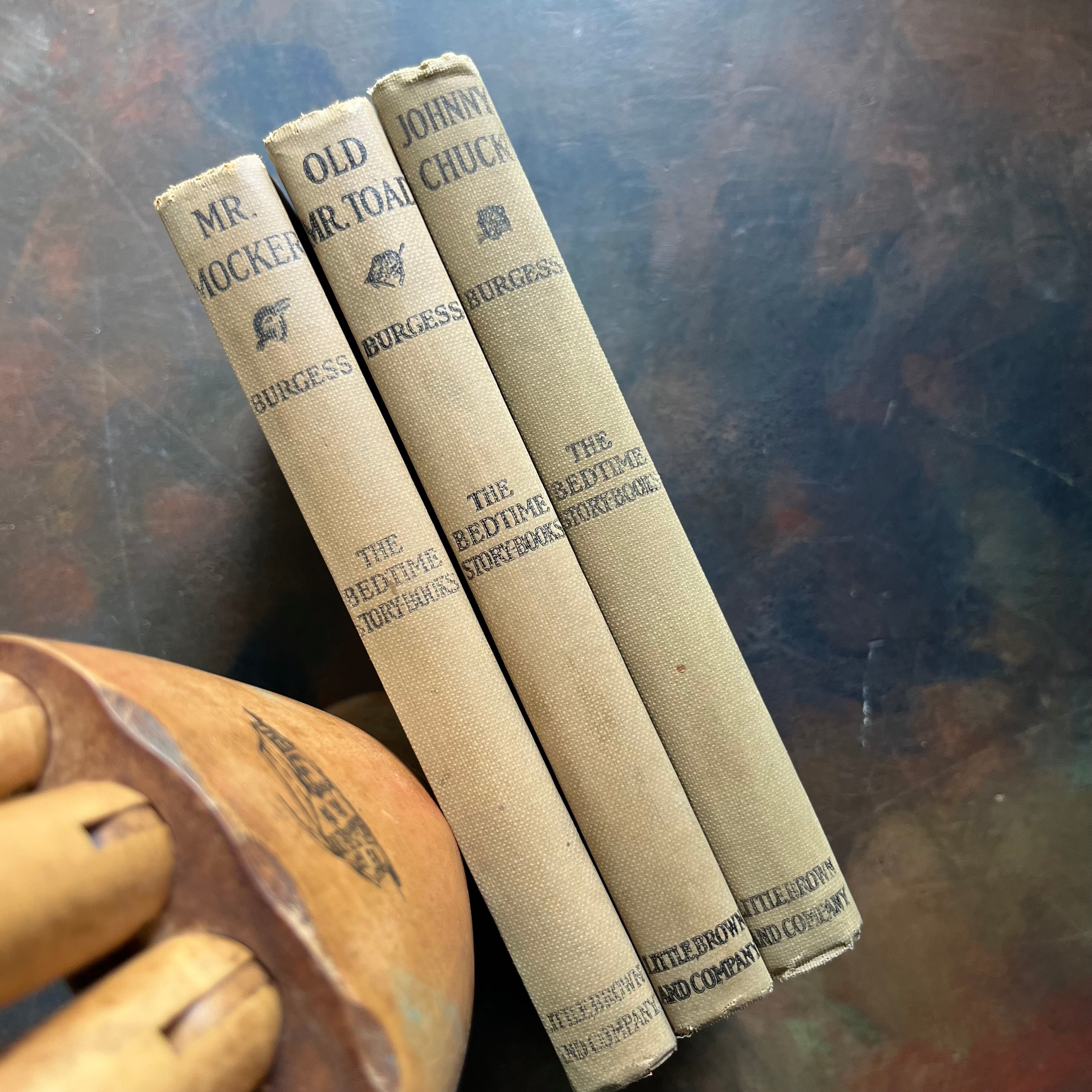 The Bedtime Story-Books written by Thornton Burgess with illustrations by Harrison Cady-The Adventures of Mr. Mocker-The Adventures of Johnny Chuck-The Adventures of Old Mr. Toad-vintage children's animal stories-read aloud favorites-view of the spines