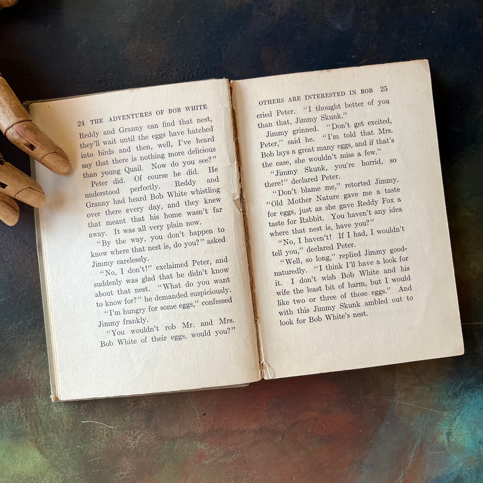 The Bedtime Story-Books written by Thornton W. Burgess-The Adventures of Bob White with illustrations by Harrison Cady-1925 Edition-vintage children's storybook-view of the condition of the inside pages - crack to the middle of the page - book is still tightly bound.