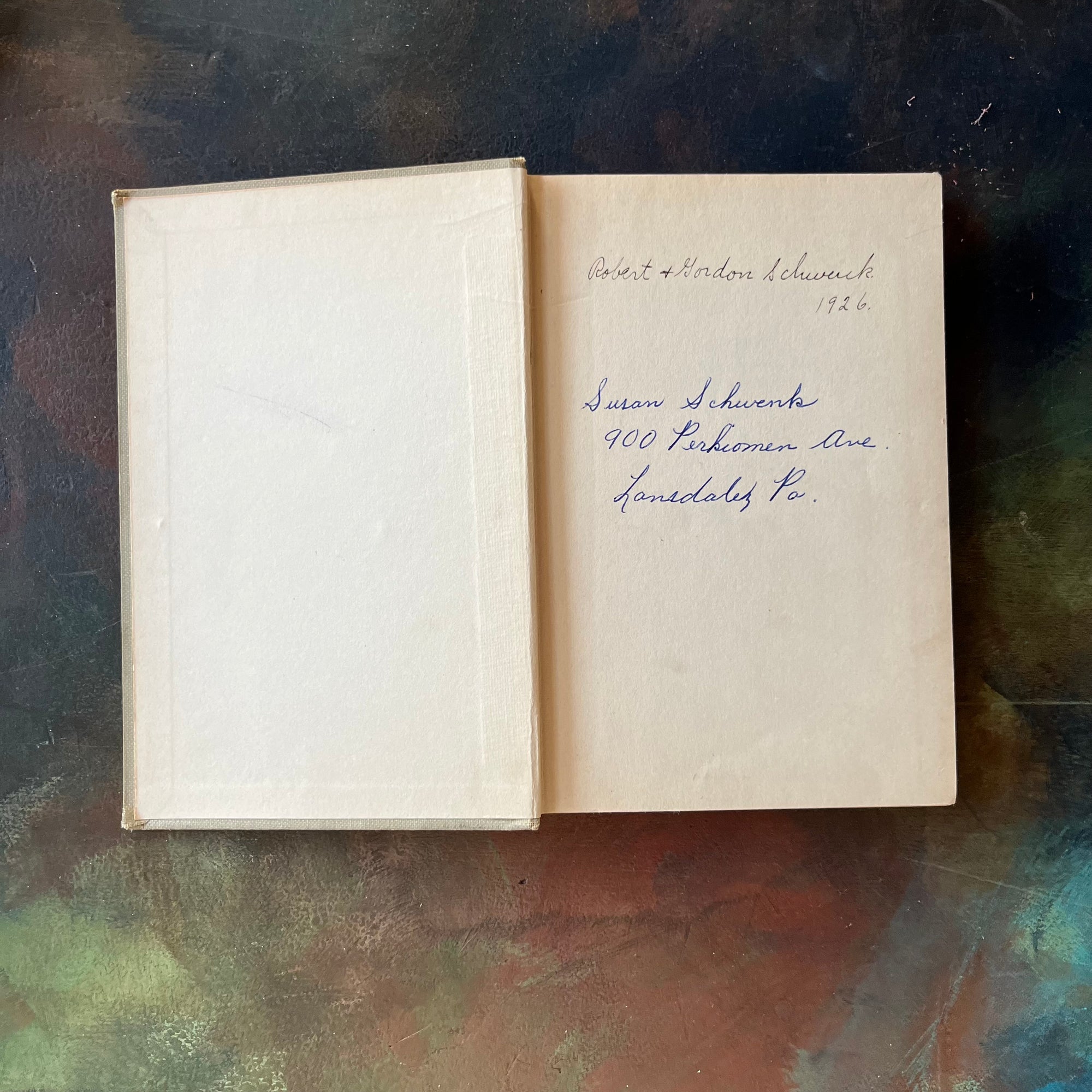 The Bedtime Story-Books written by Thornton W. Burgess-The Adventures of Sammy Jay with illustrations by Harrison Cady Illustrations-1925 edition-vintage children's storybook-view of the inside cover with names, date & address written inside