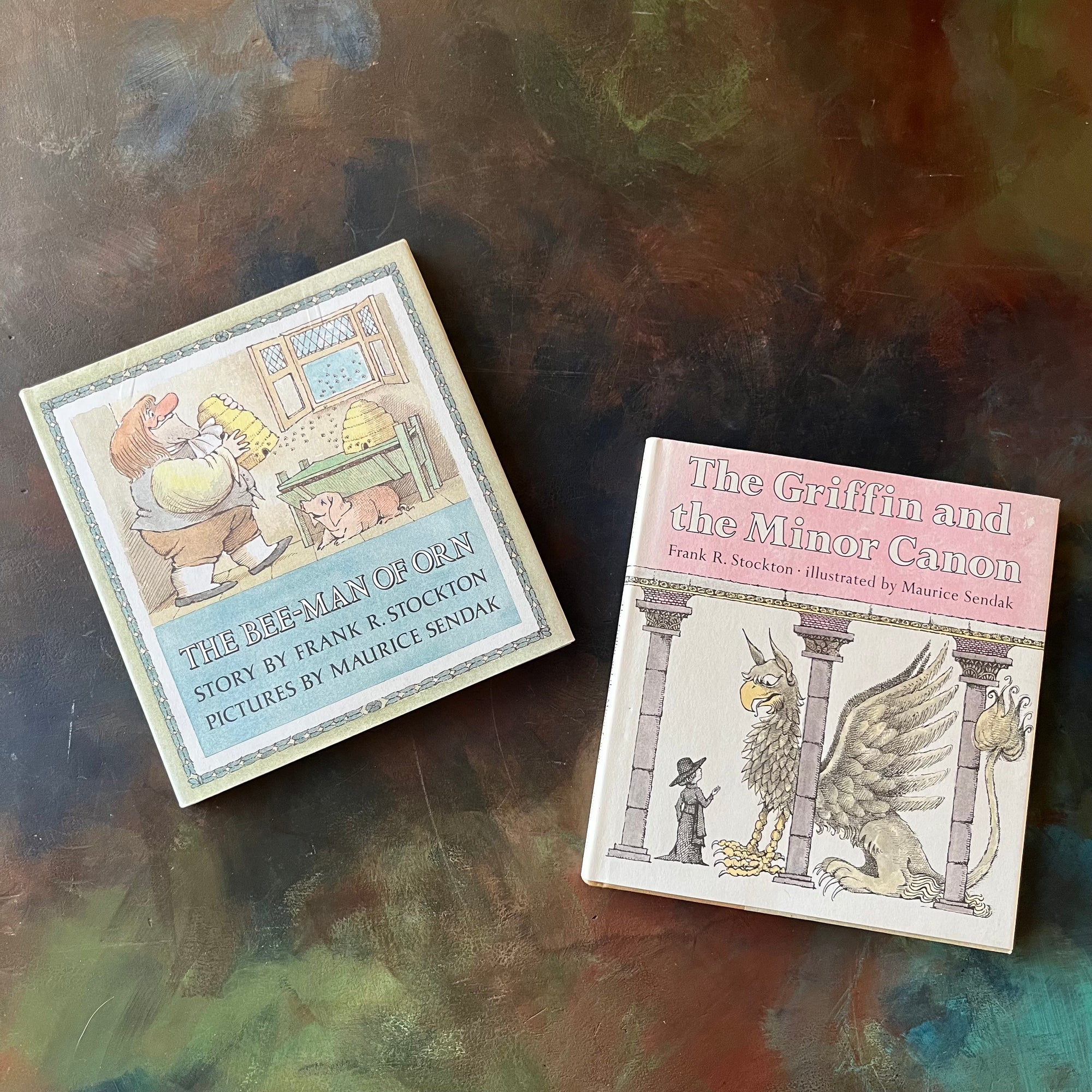 The Bee-Man of Orn & The Griffin and The Minor Canon written by Frank R. Stockton with illustrations by Maurice Sendak-vintage children's fairy tales-vintage picture books-living books-view of the dust jacket's front covers