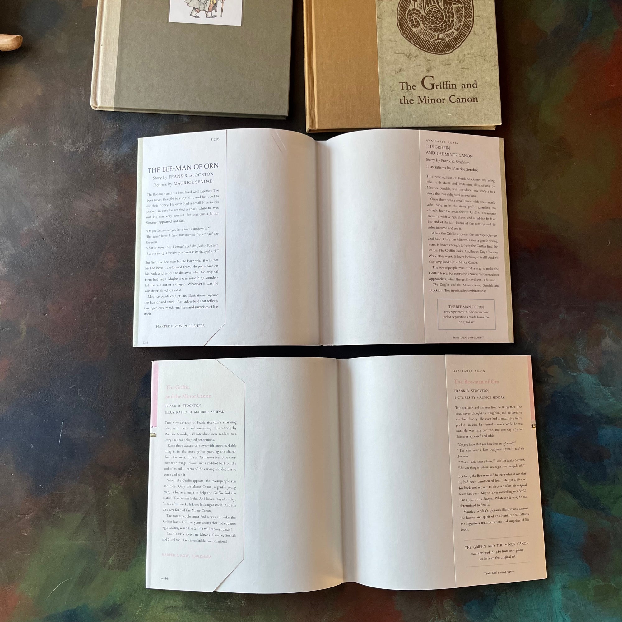 The Bee-Man of Orn & The Griffin and The Minor Canon written by Frank R. Stockton with illustrations by Maurice Sendak-vintage children's fairy tales-vintage picture books-living books-view of the dust jacket's inside flaps - note the clipped edges