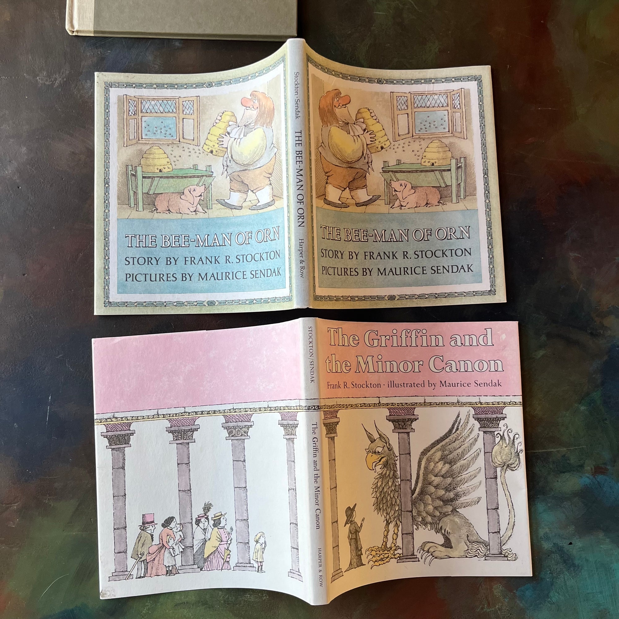 The Bee-Man of Orn & The Griffin and The Minor Canon written by Frank R. Stockton with illustrations by Maurice Sendak-vintage children's fairy tales-vintage picture books-living books-view of the outside of the dust jackets