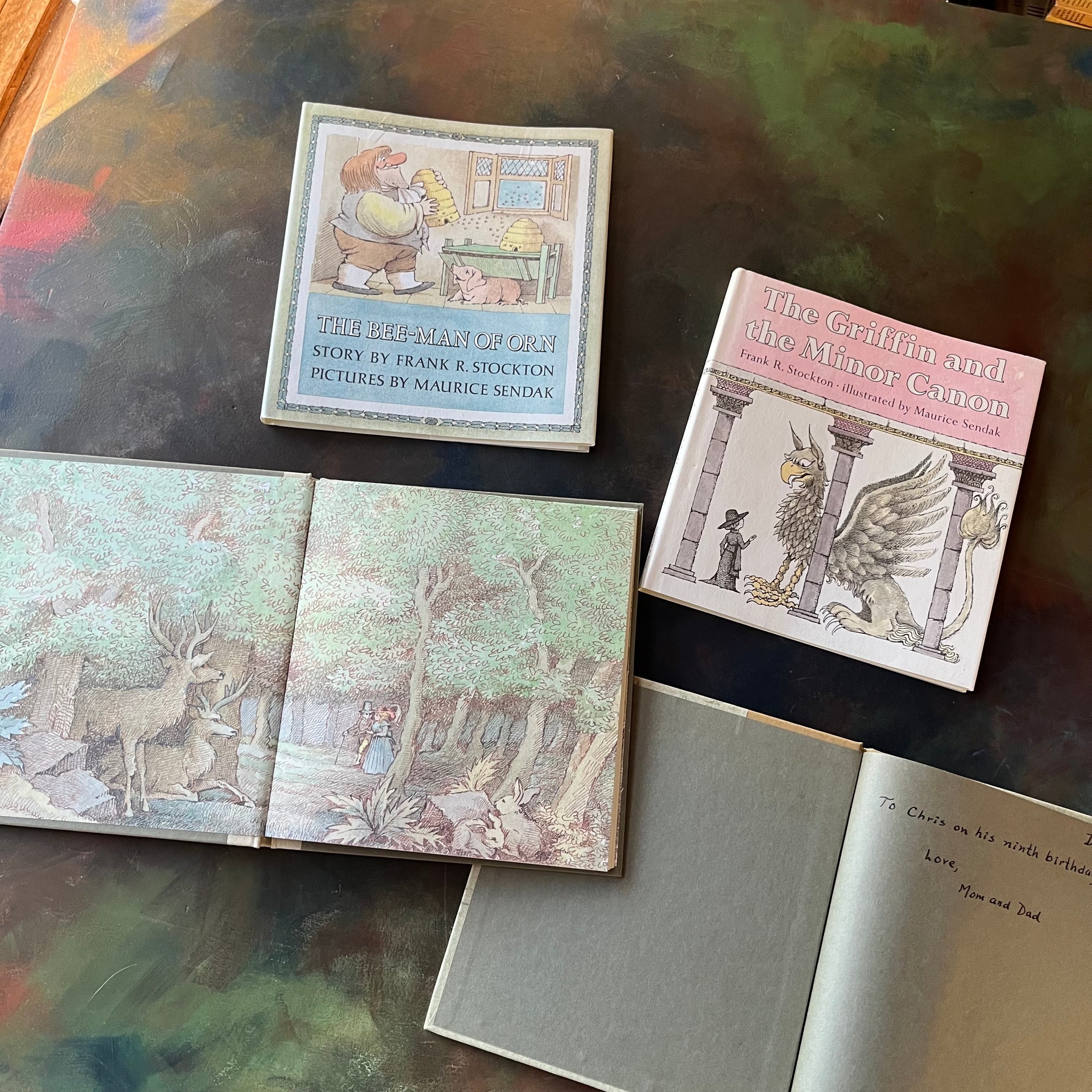The Bee-Man of Orn & The Griffin and The Minor Canon written by Frank R. Stockton with illustrations by Maurice Sendak-vintage children's fairy tales-vintage picture books-living books-view of the inside covers - note the inscription inside The Griffin and the Minor Canon