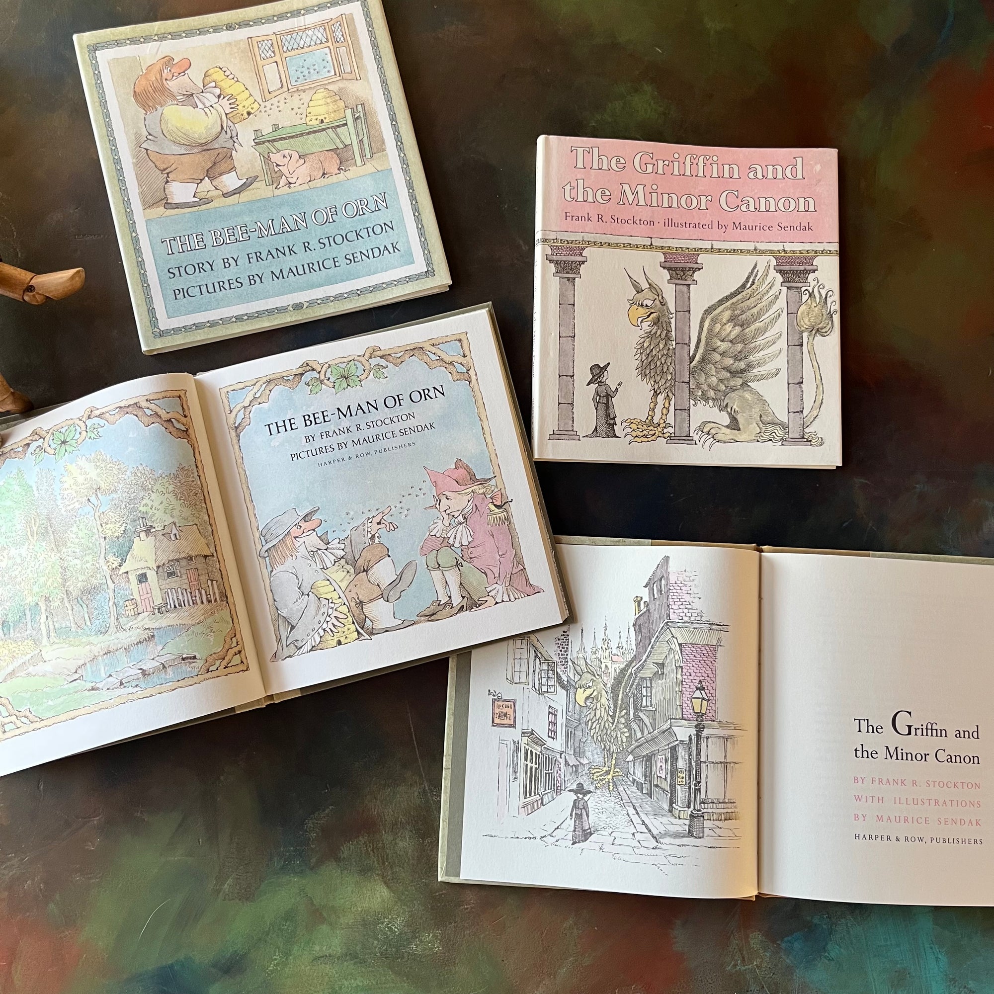 The Bee-Man of Orn & The Griffin and The Minor Canon written by Frank R. Stockton with illustrations by Maurice Sendak-vintage children's fairy tales-vintage picture books-living books-view of the title pages with frontispieces