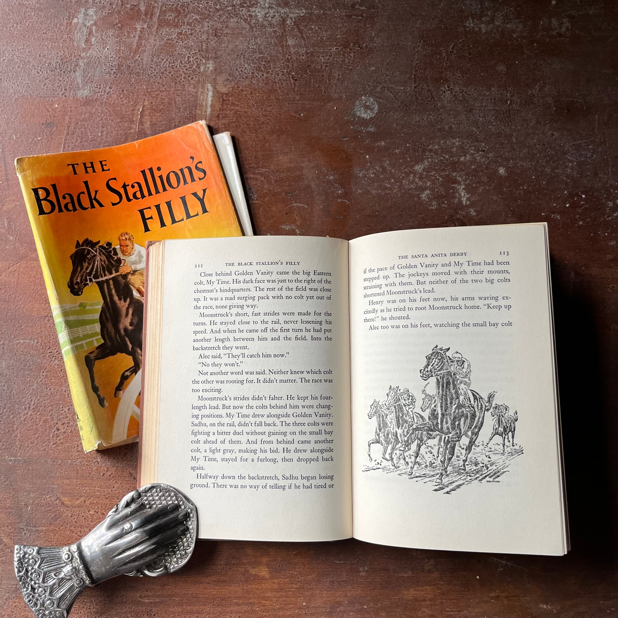 vintage children's chapter book, vintage adventure book for children, The Black Stallion Series - The Black Stallion's Filly written by Walter Farley with illustrations by Milton Menasco - view of the illustrations