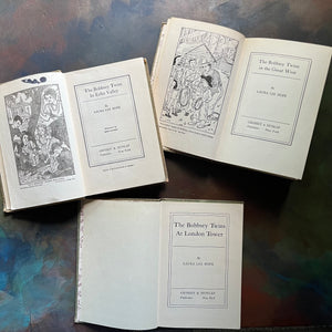 The Bobbsey Twins Book Set-In Echo Valley, In The Great West, and At London Tower-written by Laura Lee Hope-vintage children's chapter books-view of the title pages & frontispieces