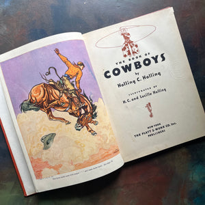 The Book of Cowboys written & illustrated by Holling C. Holling-living book-wild west-cowboy history-US expansion west-living history book-view of the title page and full color frontispiece depicting a cowboy riding a bucking bronco