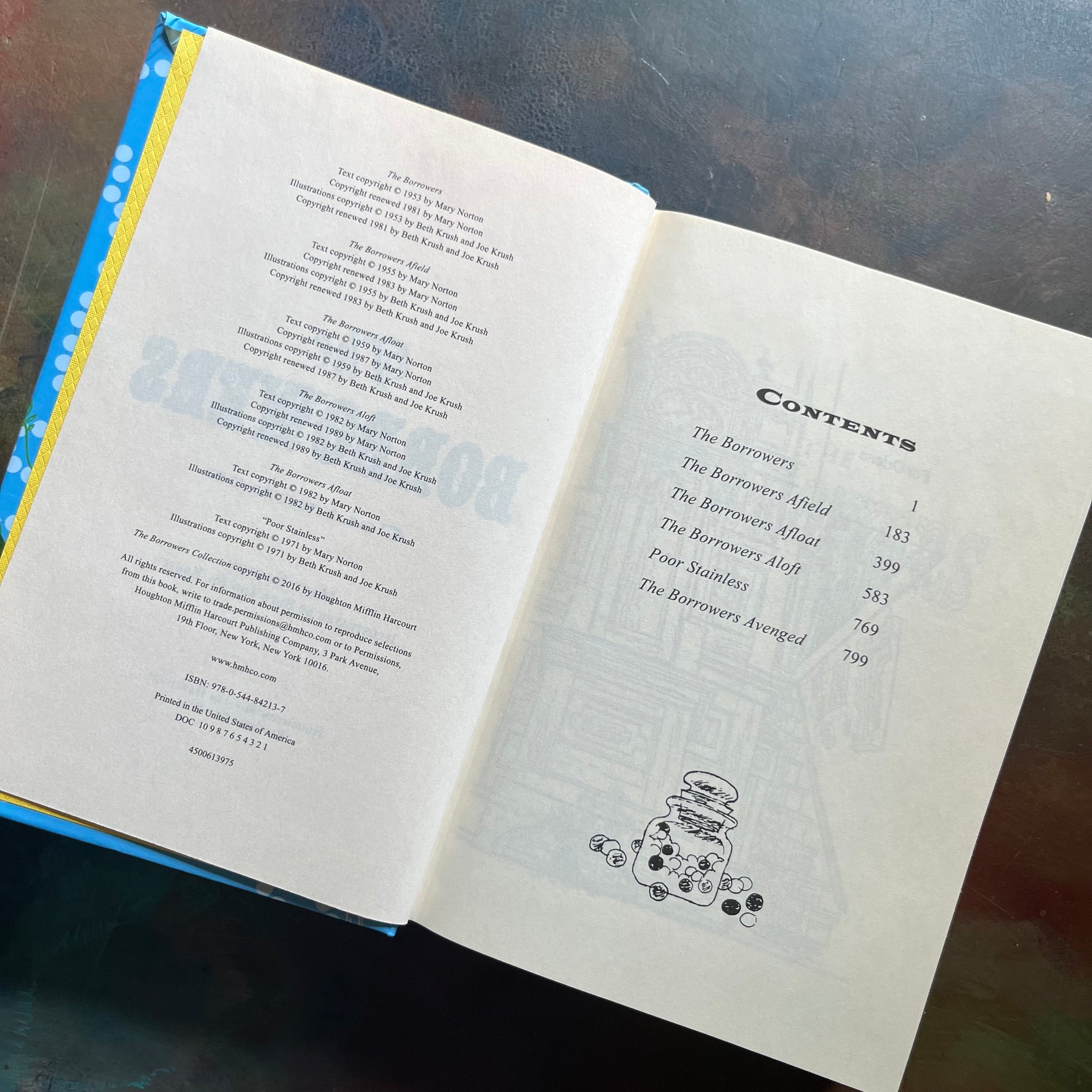 The Borrowers Collection written by Mary Norton with illustrations by Beth & Joe Krush-five complete books-anthology-vintage children's books-view of the copyright and contents pages