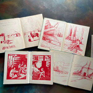 The Children of All Lands Stories-Little Indian Weaver-The Little Dutch Tulip Girl-Little Anne of Canada-Little Jeanne of France-living history books-view of the inside covers depicting scenes from the books