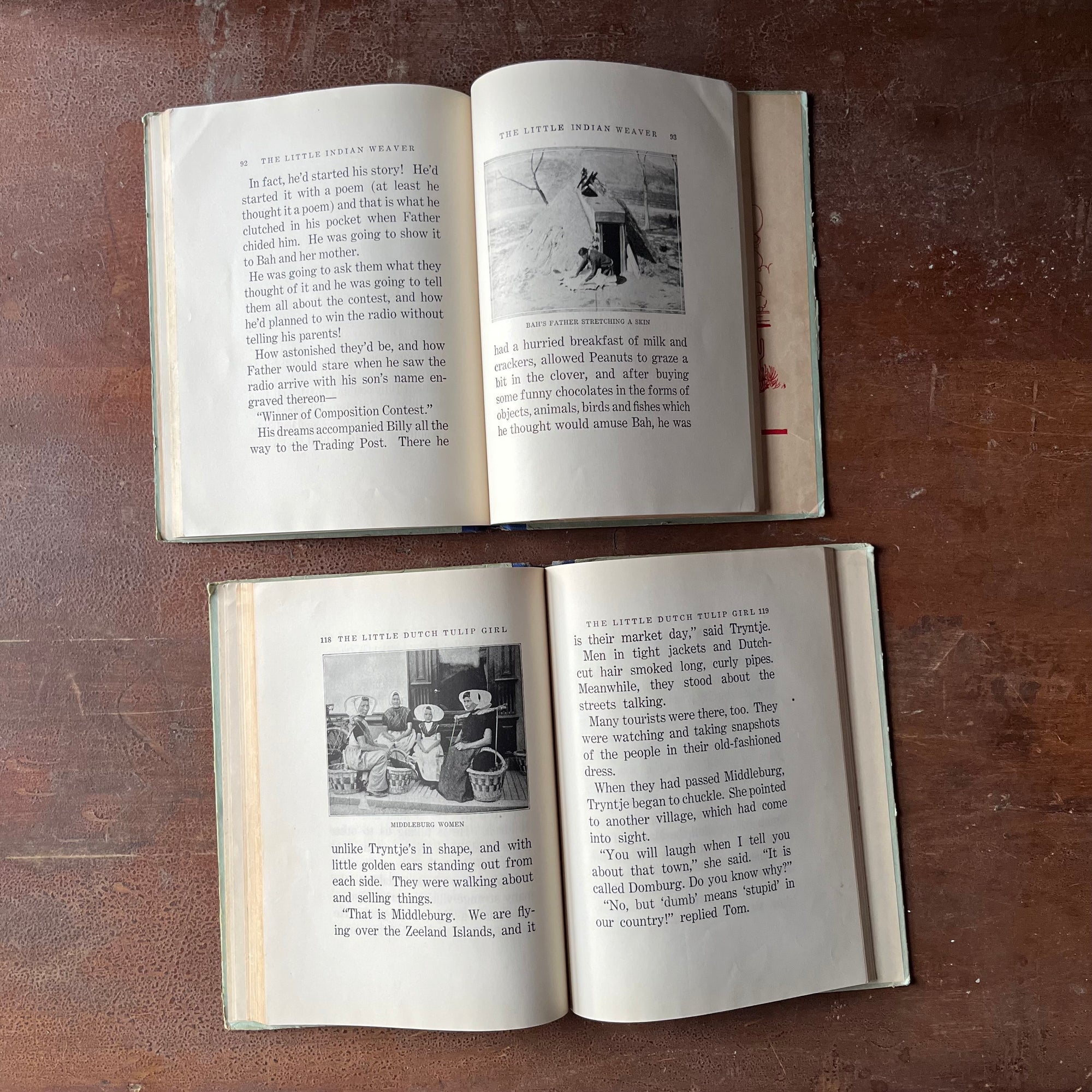 vintage non-fiction for children - The Children of All Lands Stories-The Little Indian Weaver & The Little Dutch Girl written by Madeline Brandeis - view of a sample of the photographs inside each book