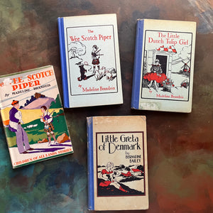 The Children of All Lands Stories Book Set-The Wee Scotch Piper-Little Greta of Denmark-The Little Dutch Tulip Girl-living history books-foreign countries-view of the front covers with images from the main character of each of the books