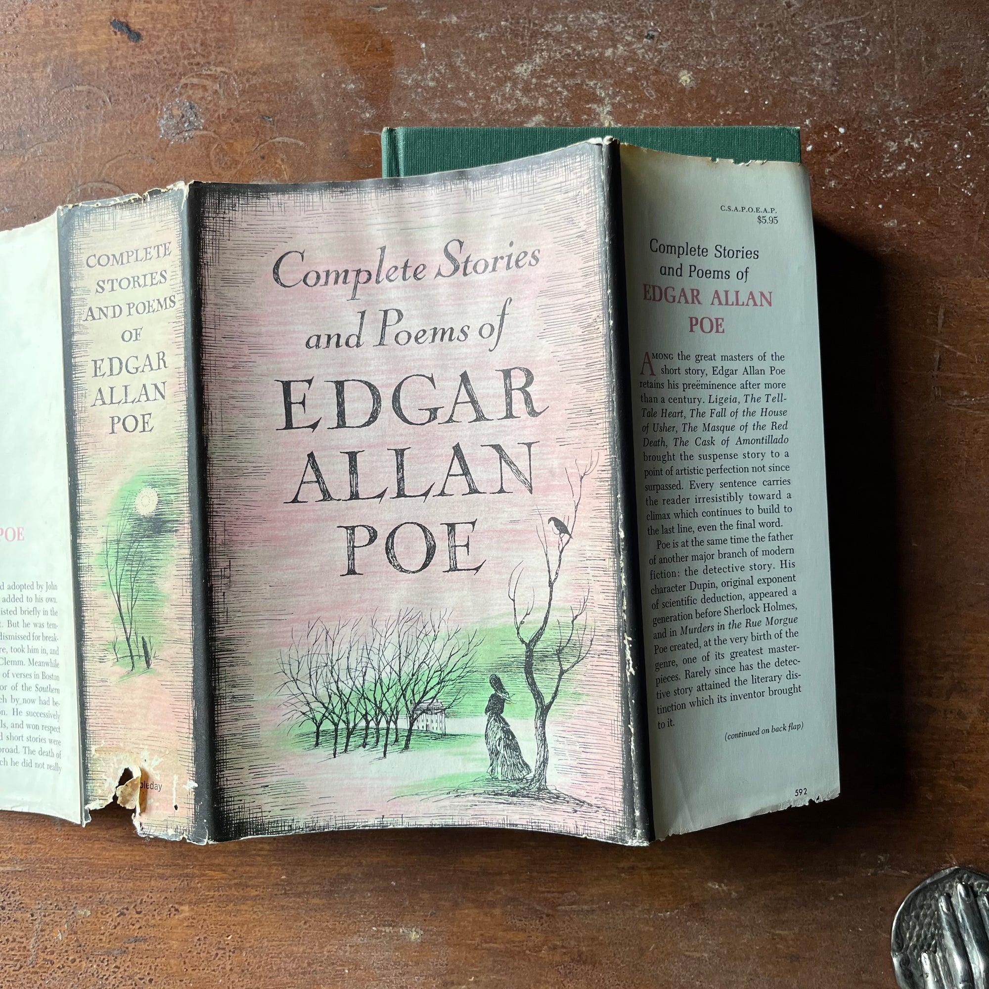 vintage mystery book - The Complete Stories & Poems of Edgar Allan Poe 1966 Edition with Original Dust Jacket - view of the dust jacket open to see the spine, cover & inside front flap