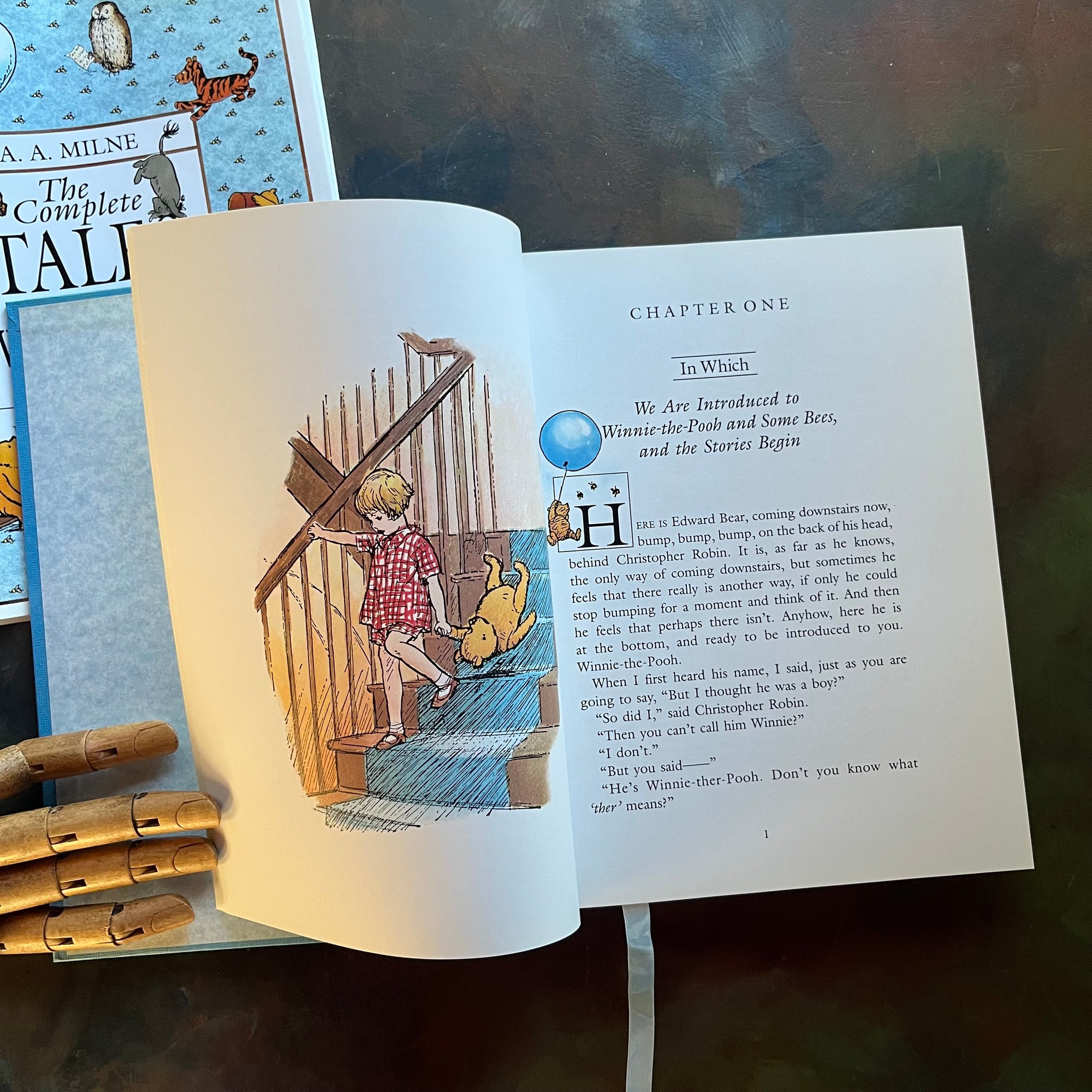 The Complete Tales of Winnie the Pooh and The House at Pooh Corner-A.A. Milne-E. H. Shepard-vintage children's classics-read aloud revival books-view of the full color illustrations & our first view of  Christopher Robin and Winnie the Pooh