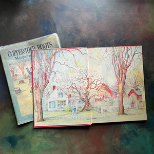 The Copper-Toed Boots written and illustrated by Marguerite de Angeli-first edition-vintage children's biography-chapter book-view of the inside cover with an image of the main character standing outside of his farm - illustrated in great detail