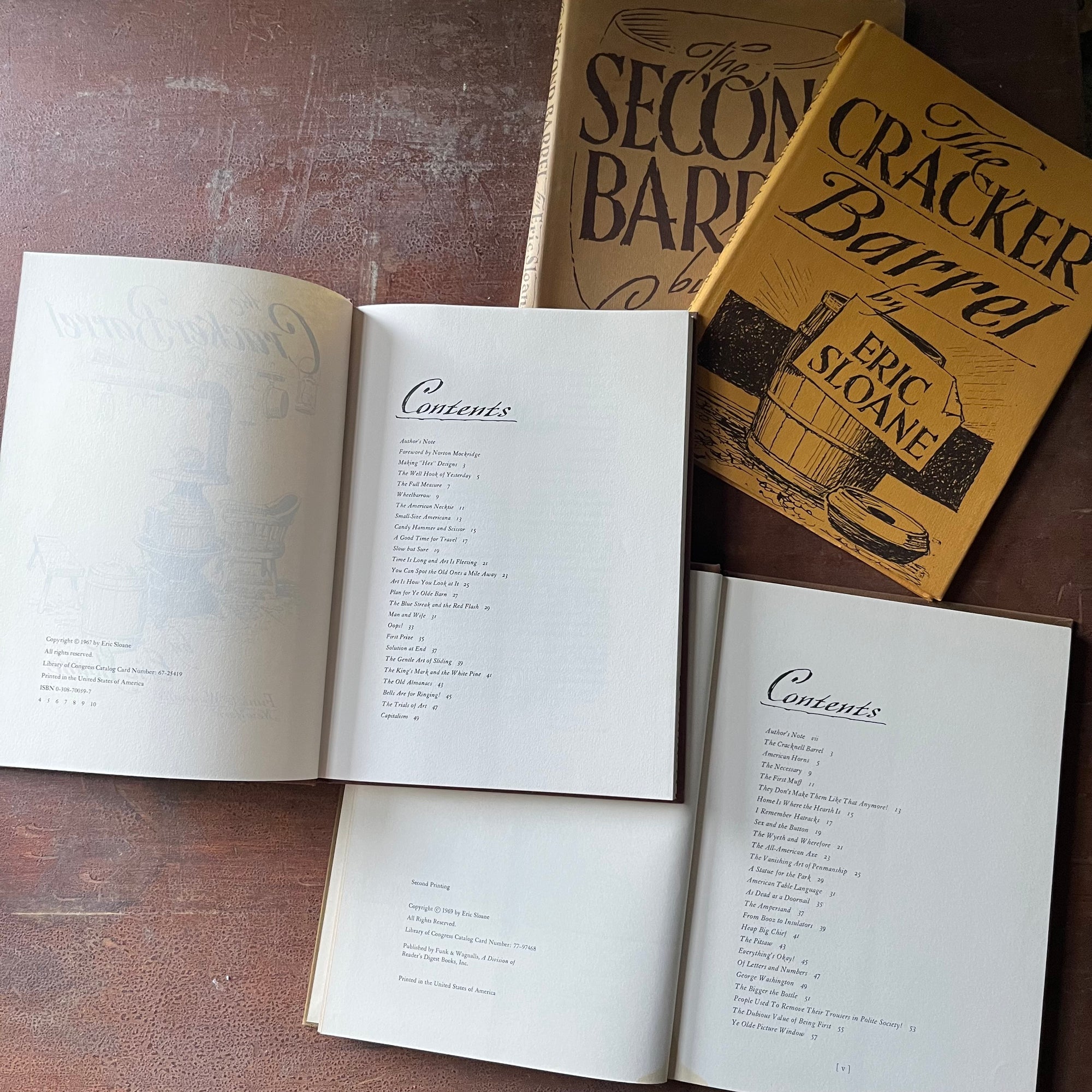 vintage American history Books, American Illustrator, Iconic American History - The Cracker Barrel and The Second Barrel written & Illustrated by Eric Sloane - view of the copyrights & contents pages