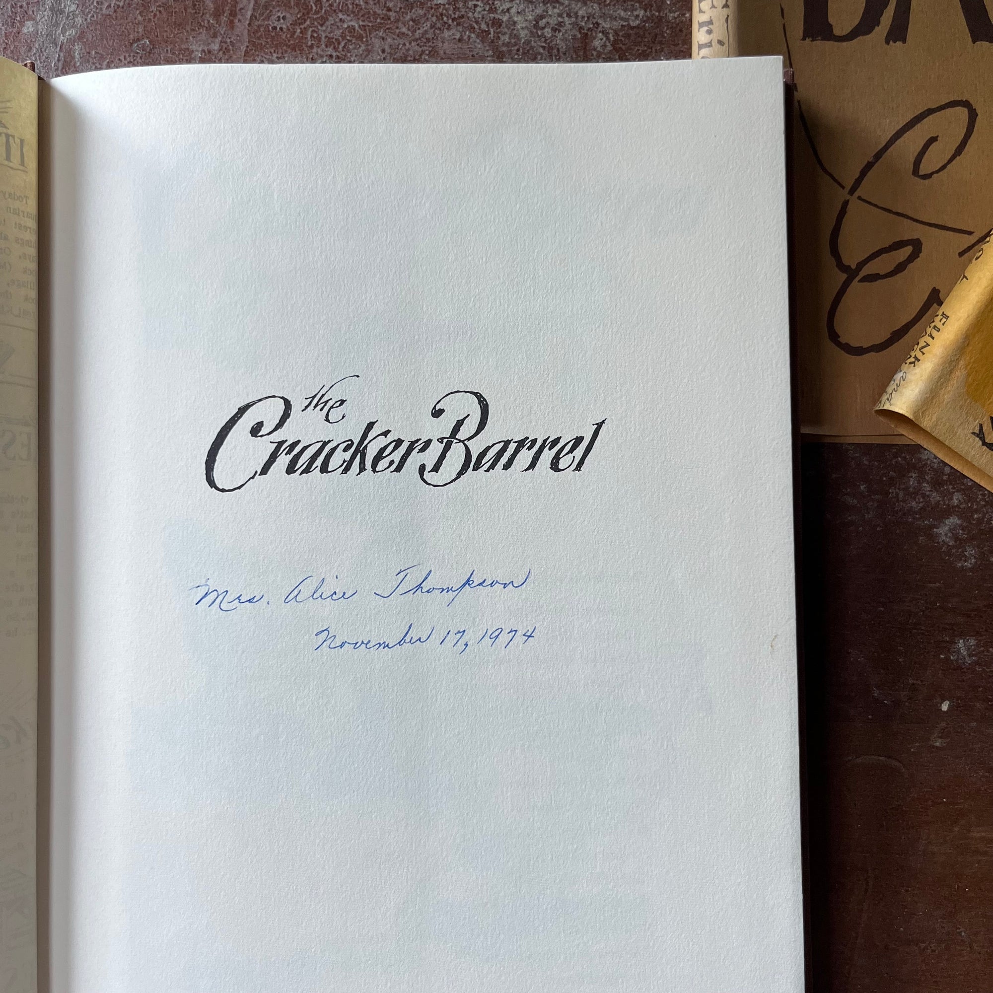 vintage American history Books, American Illustrator, Iconic American History - The Cracker Barrel and The Second Barrel written & Illustrated by Eric Sloane - view of the half title page with name & date written in ink beneath the title