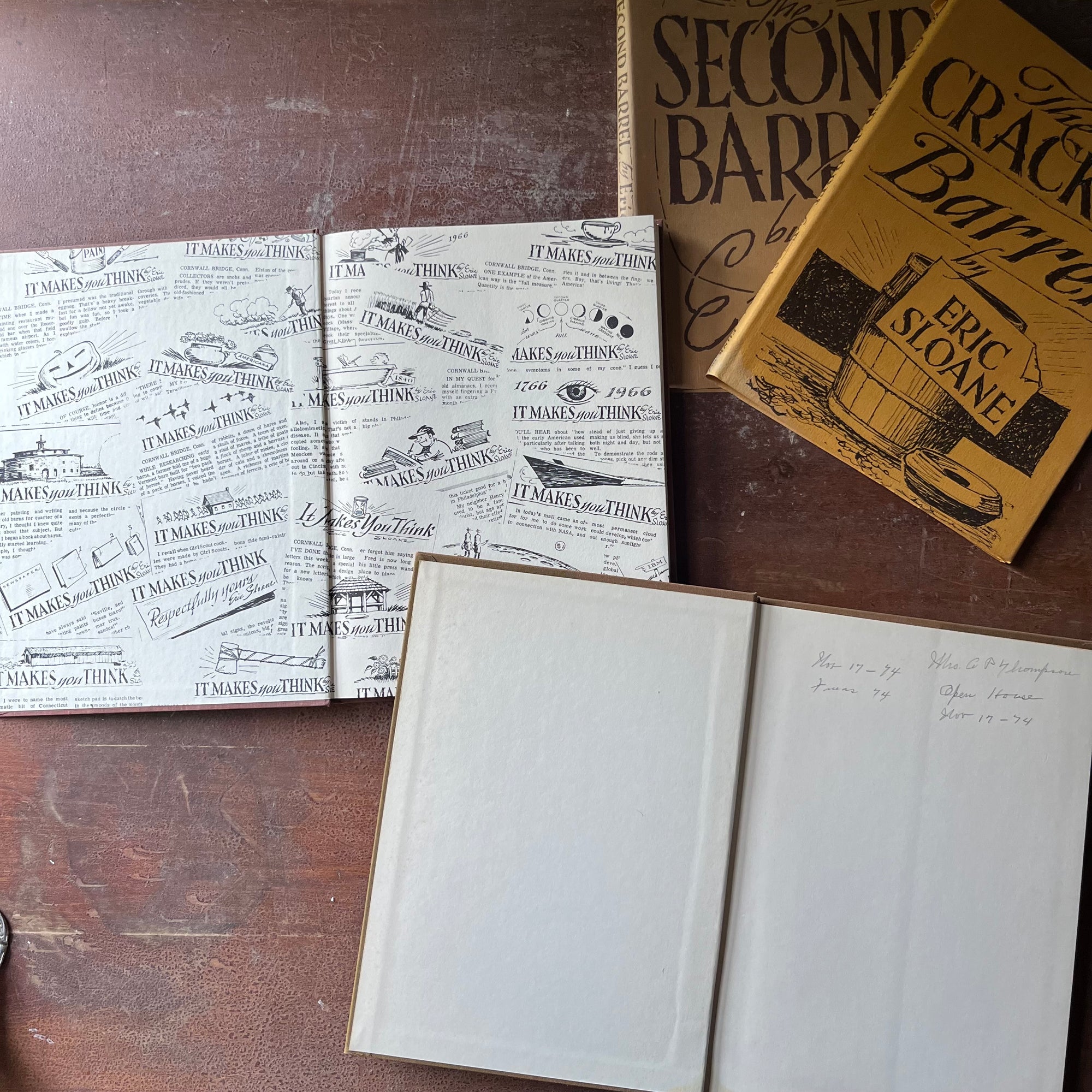 vintage American history Books, American Illustrator, Iconic American History - The Cracker Barrel and The Second Barrel written & Illustrated by Eric Sloane - view of the inside covers