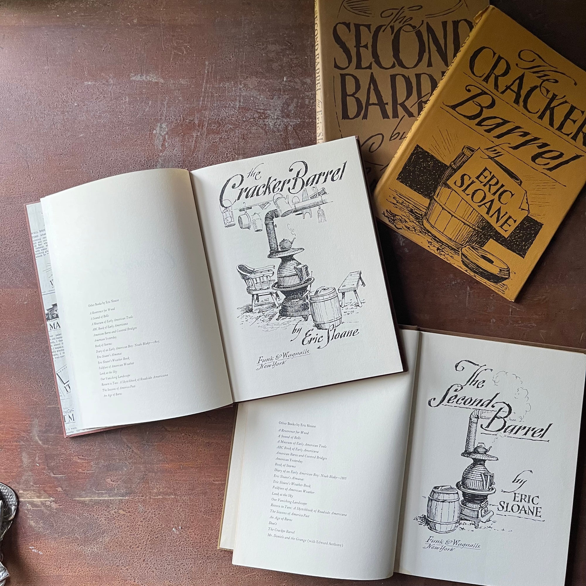 vintage American history Books, American Illustrator, Iconic American History - The Cracker Barrel and The Second Barrel written & Illustrated by Eric Sloane - view of the title pages