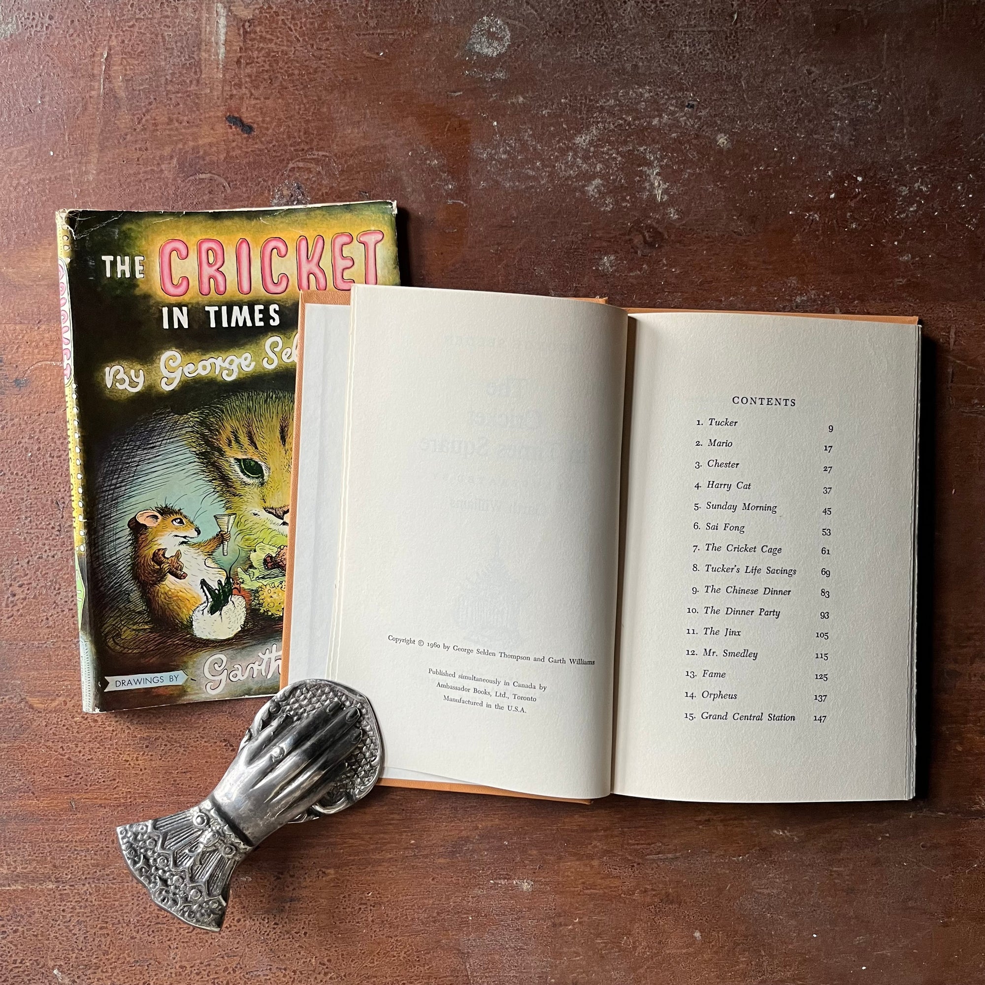 vintage children's chapter book, Newbery Honor Book - The Cricket of Times Square written by George Shelden with illustrations by Garth Williams - view of the copyright & contents pages