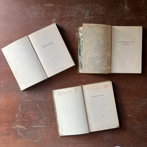 vintage children's chapter books, vintage mystery book set - The Dana Girl Mystery Stories written by Carolyn Keene-Book Set Volumes 1, 13 & 21 - view of the half title pages - note the name written on two of the volumes