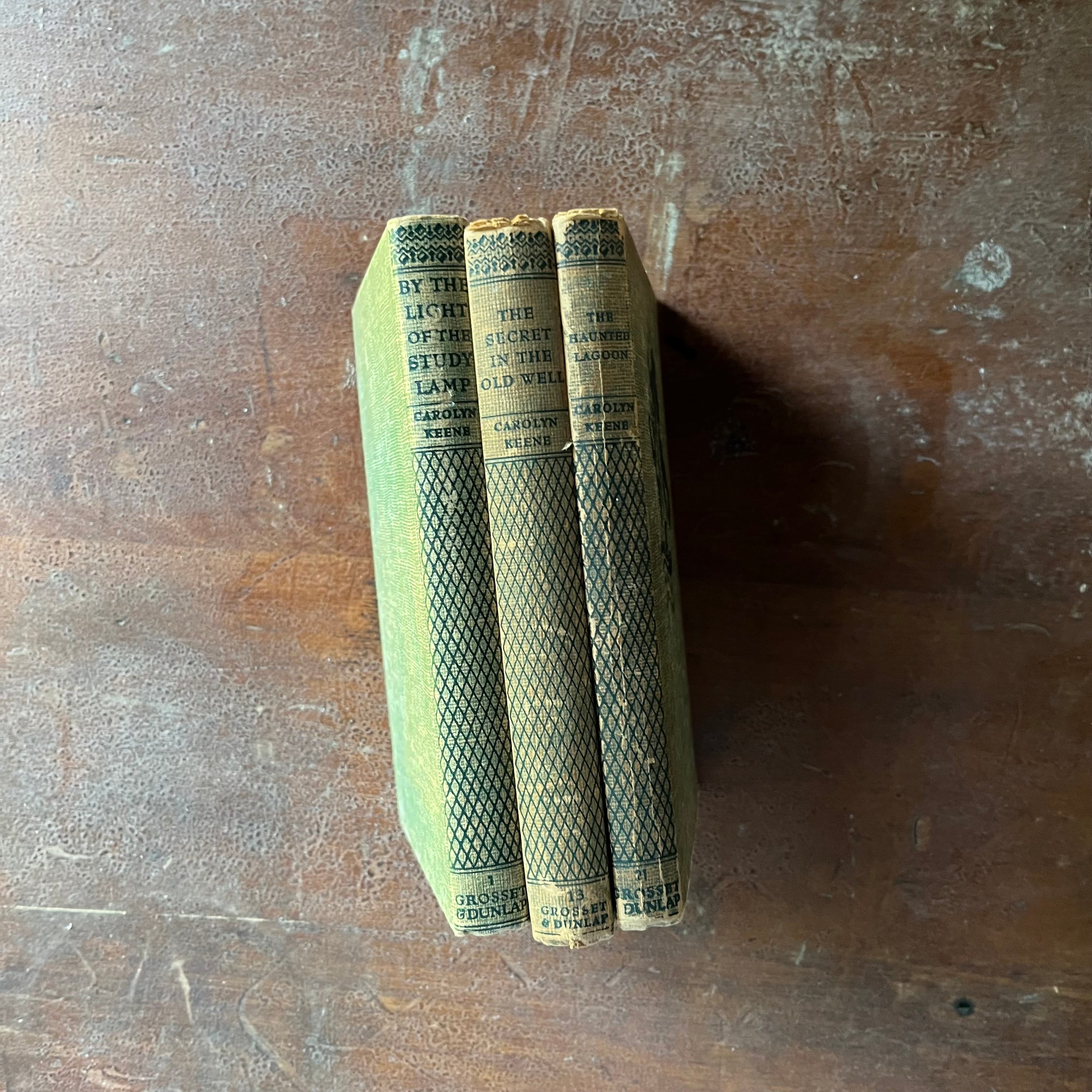 vintage children's chapter books, vintage mystery book set - The Dana Girl Mystery Stories written by Carolyn Keene-Book Set Volumes 1, 13 & 21 - view of the spines