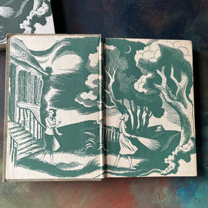 The Dana Girls Mysteries Book Set  written by Carolyn Keene-By the Light of the Study Lamp-The Secret at Lone Tree Cottage-vintage children's mystery books-closeup of the inside cover art