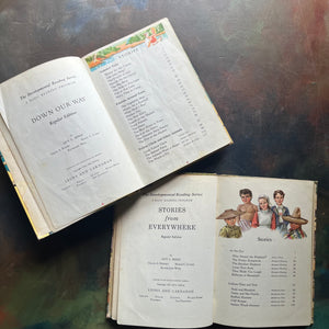 The Developmental Reading Series Book Set published by Lyons and Carnahan-Down Our Way-Stories from Everywhere-vintage school readers - view of the copyright and contents pages