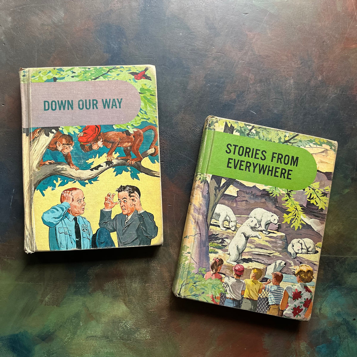 The Developmental Reading Series Book Set published by Lyons and Carnahan-Down Our Way-Stories from Everywhere-vintage school readers - view of the front covers with colorful images depicting scenes from the stories included in each book