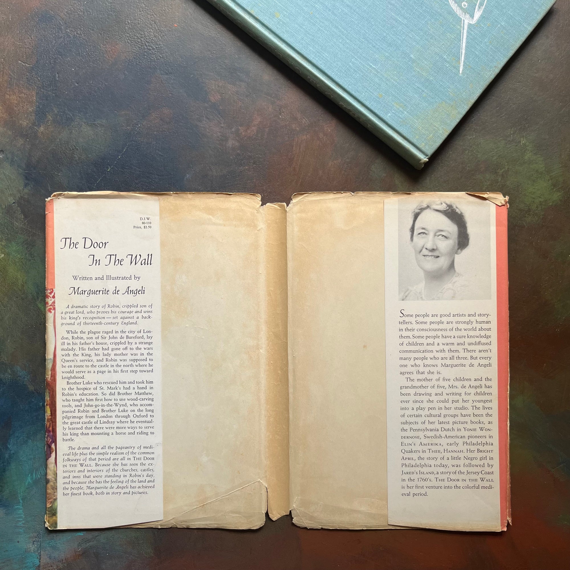 The Door in the Wall Written by Marguerite de Angeli-1950 Newbery Award Winning Book-vintage children's chapter book-view of the dust jacket's inside flaps with book summary, info on the author & a portrait of her as well