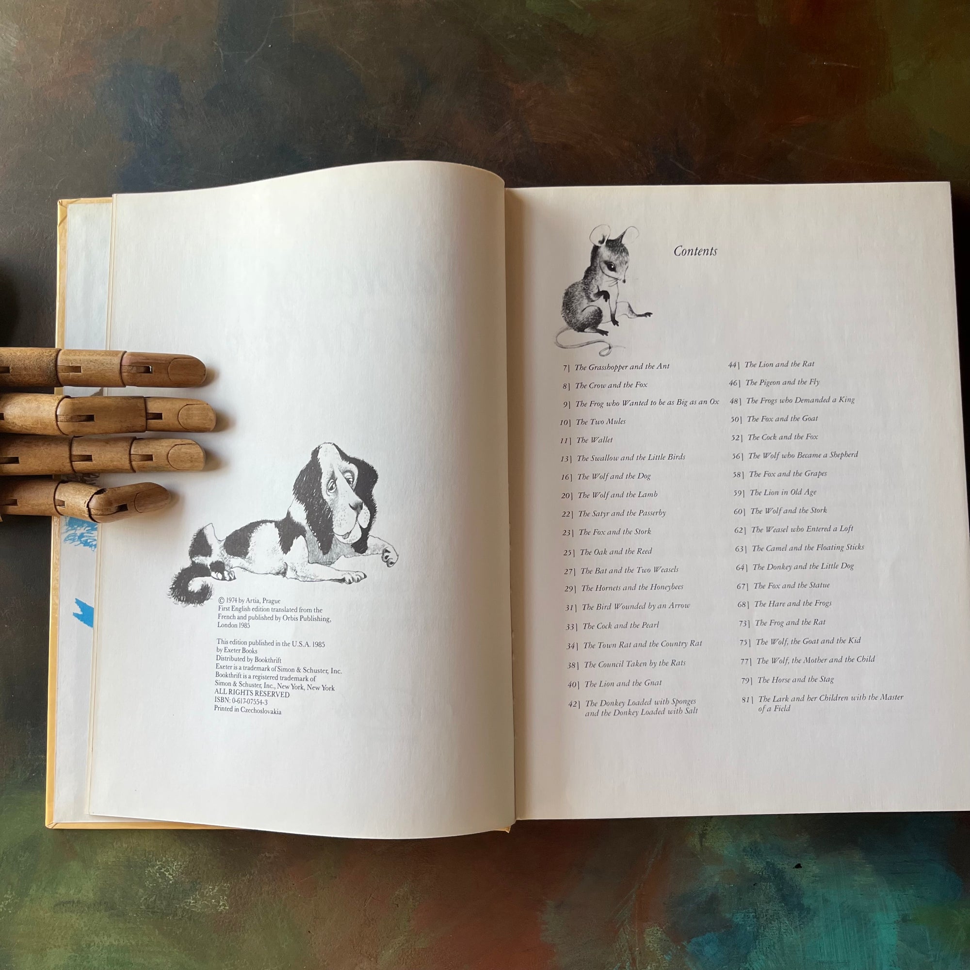 The Fables of La Fontaine originally written by Jean de La Fontaine & translated by Lisa Commager- illustrations by Jiri Trnka-vintage French fables-animals in children's literature-vintage living book-children's fables teaching morals & life lessons-view of the copyright & contents pages