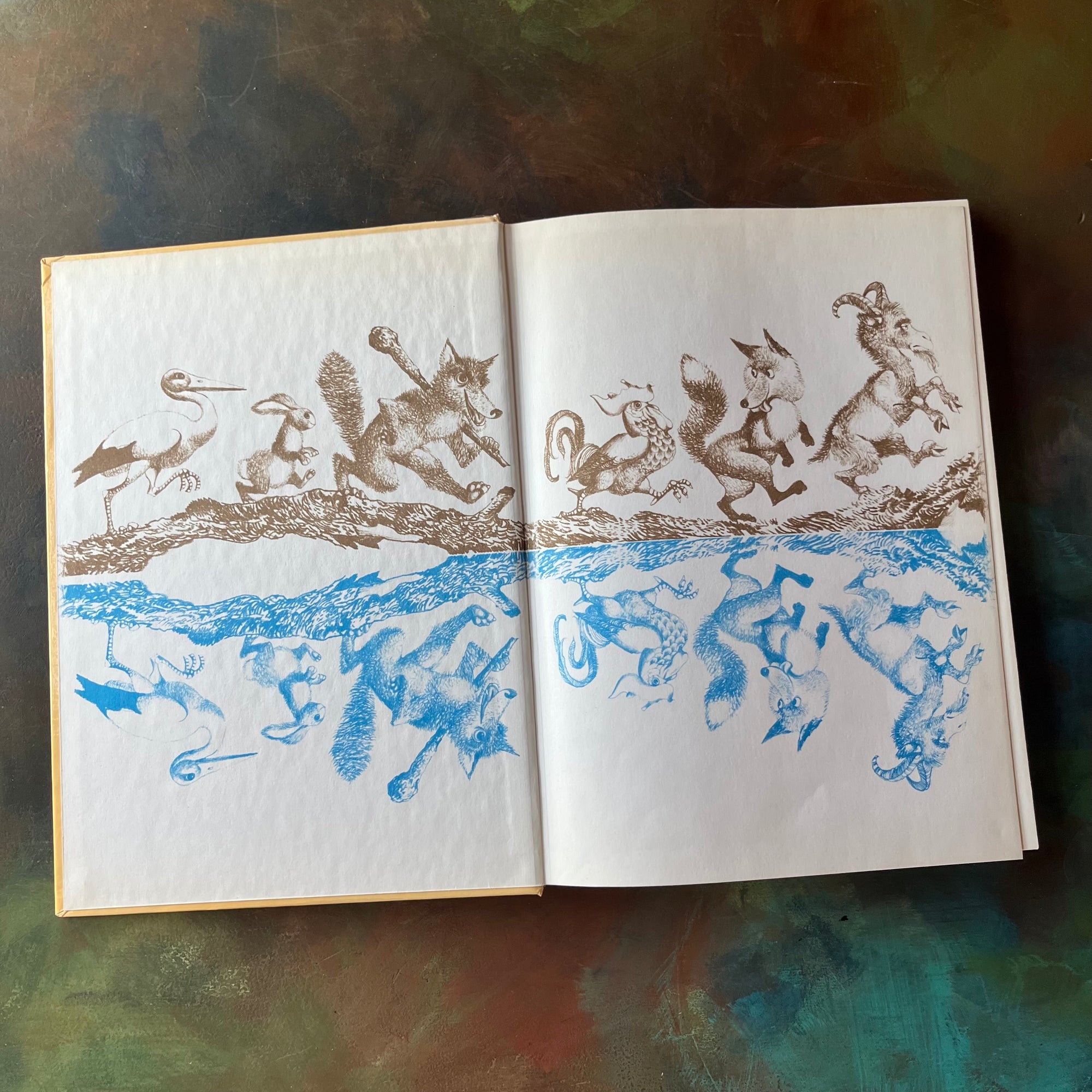 The Fables of La Fontaine originally written by Jean de La Fontaine & translated by Lisa Commager- illustrations by Jiri Trnka-vintage French fables-animals in children's literature-vintage living book-children's fables teaching morals & life lessons-view of the inside cover
