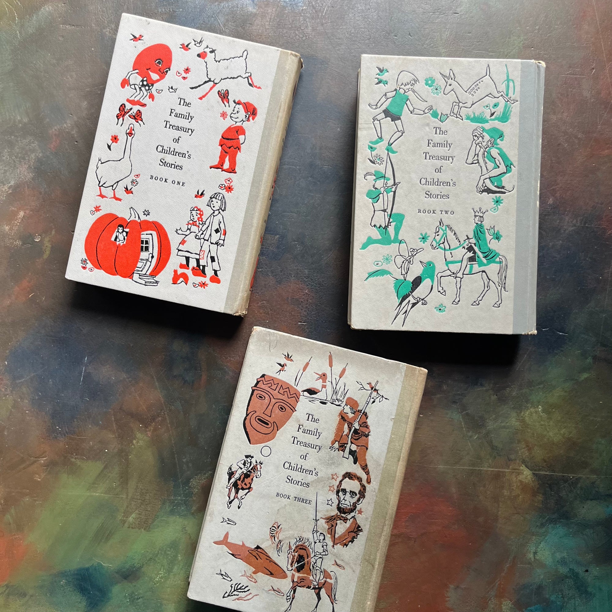 The Family Treasury of Children’s Stories-3 Volume Set-Junior Deluxe Editions-vintage children's stories-edited by Pauline Rush Evans with illustrations by Donald Sibley-back covers