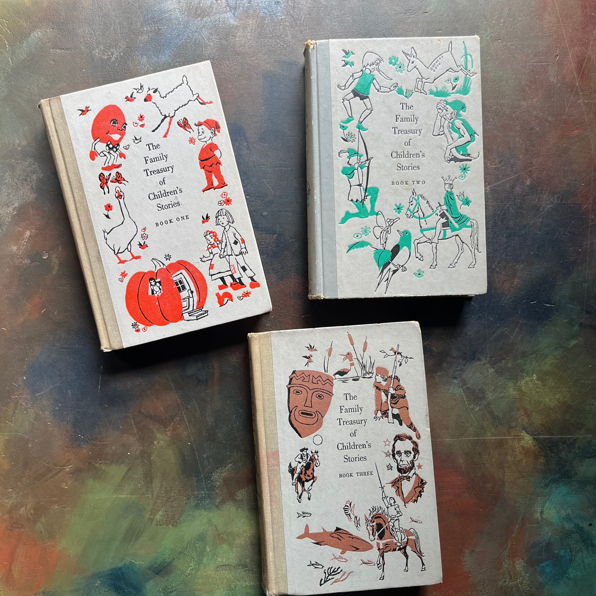 The Family Treasury of Children’s Stories-3 Volume Set-Junior Deluxe Editions-vintage children's stories-edited by Pauline Rush Evans with illustrations by Donald Sibley-view of the front covers