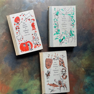 The Family Treasury of Children’s Stories-3 Volume Set-Junior Deluxe Editions-vintage children's stories-edited by Pauline Rush Evans with illustrations by Donald Sibley-view of the front covers
