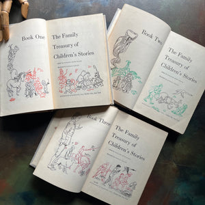 The Family Treasury of Children’s Stories-3 Volume Set-Junior Deluxe Editions-vintage children's stories-edited by Pauline Rush Evans with illustrations by Donald Sibley-view of the title pages