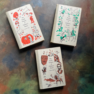 The Family Treasury of Children’s Stories-3 Volume Set-Junior Deluxe Editions-vintage children's stories-edited by Pauline Rush Evans with illustrations by Donald Sibley-view of the front covers with images from each volume on the covers along with the title of the series