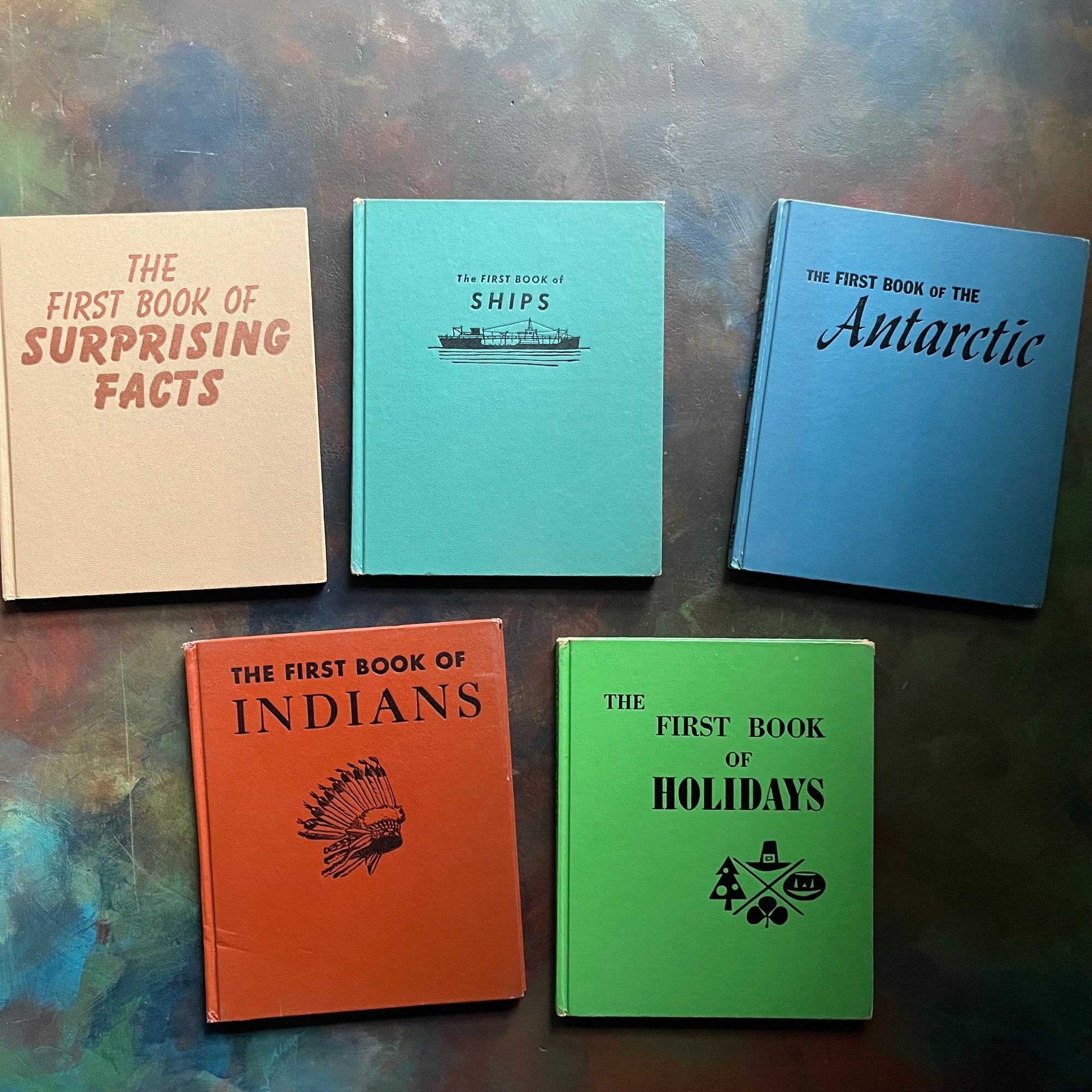 The First Book of Series Book Set of 5-Indians-Suprising Facts-Holidays-Antarctic-Ships-vintage children's books for sale-view of the front covers