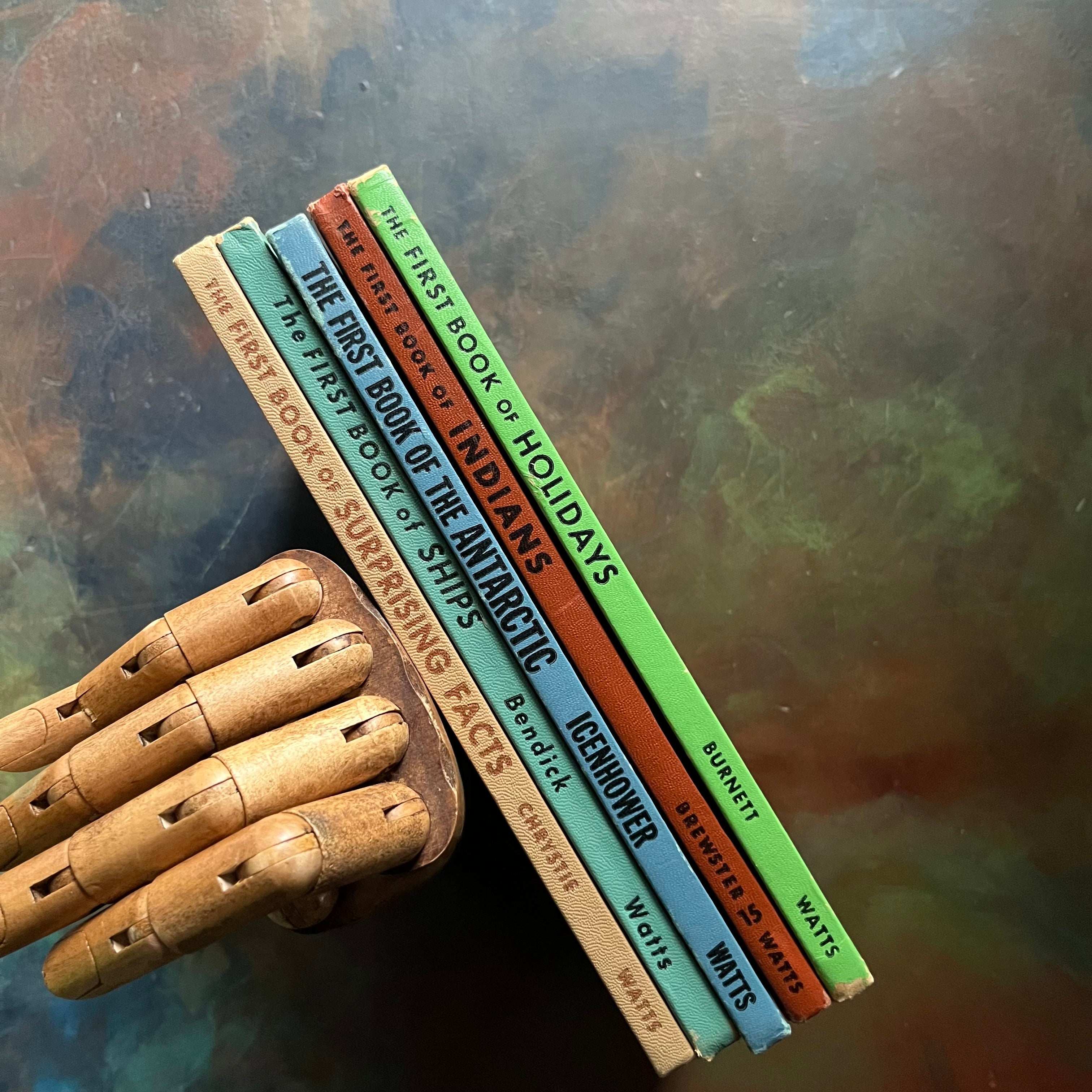 The First Book of Series Book Set of 5-Indians-Suprising Facts-Holidays-Antarctic-Ships-vintage children's books for sale-view of the spines