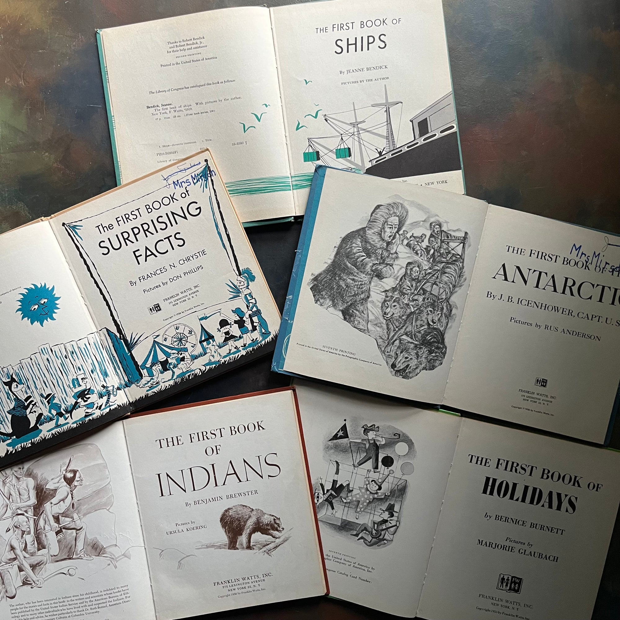 The First Book of Series Book Set of 5-Indians-Suprising Facts-Holidays-Antarctic-Ships-vintage children's books for sale-view of the title pages with copyright information