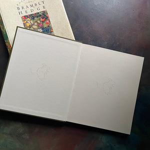 The Four Seasons of Brambley Hedge-written and illustrated by Jill Barklem-classic picture book anthology-read-aloud favorite-homeschool-favorite-view of the inside cover showing a drawing of a mouse on each page