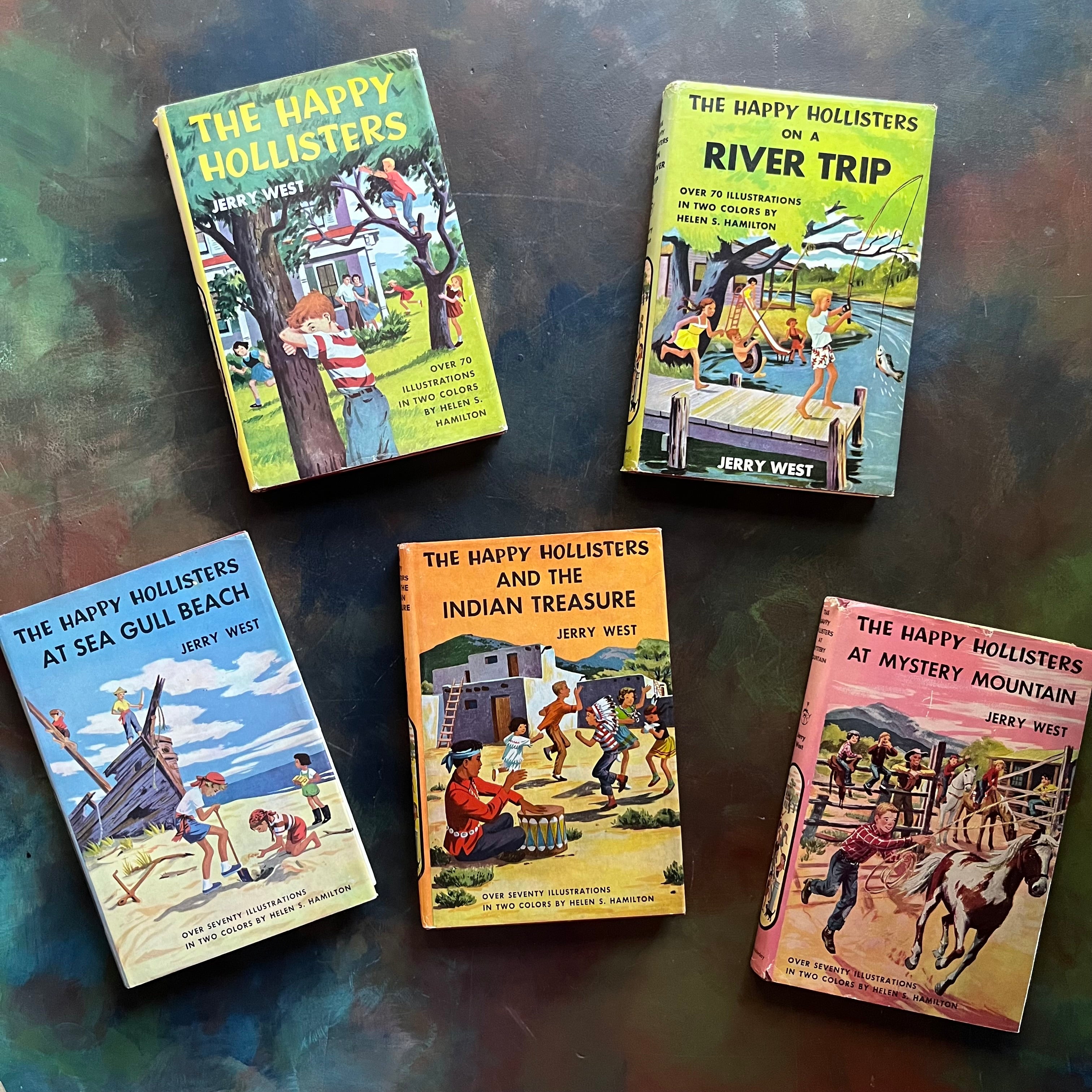 The Happy Hollisters Mystery Series by Jerry West-Starter Set Books 1-5-vintage children's mystery books-wholesome family reads-view of the dust jacket's front covers with beautiful illustrations depicting a scene from each book title