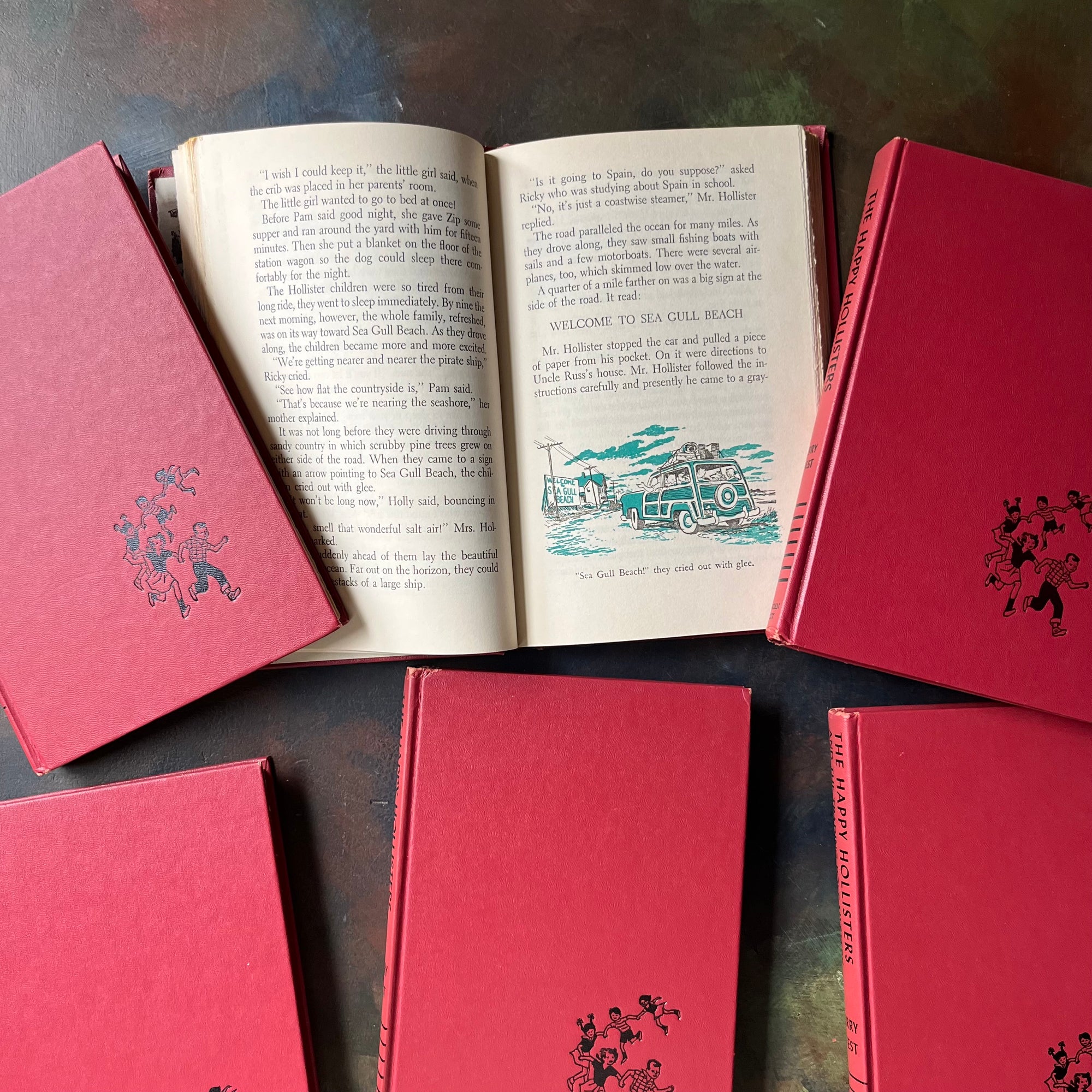 The Happy Hollisters Six Book Set-Jerry West-America's Favorite Classic Mystery Series for Young Readers-Helen Hamilton-vintage children's chapter books-view of the illustrations in green