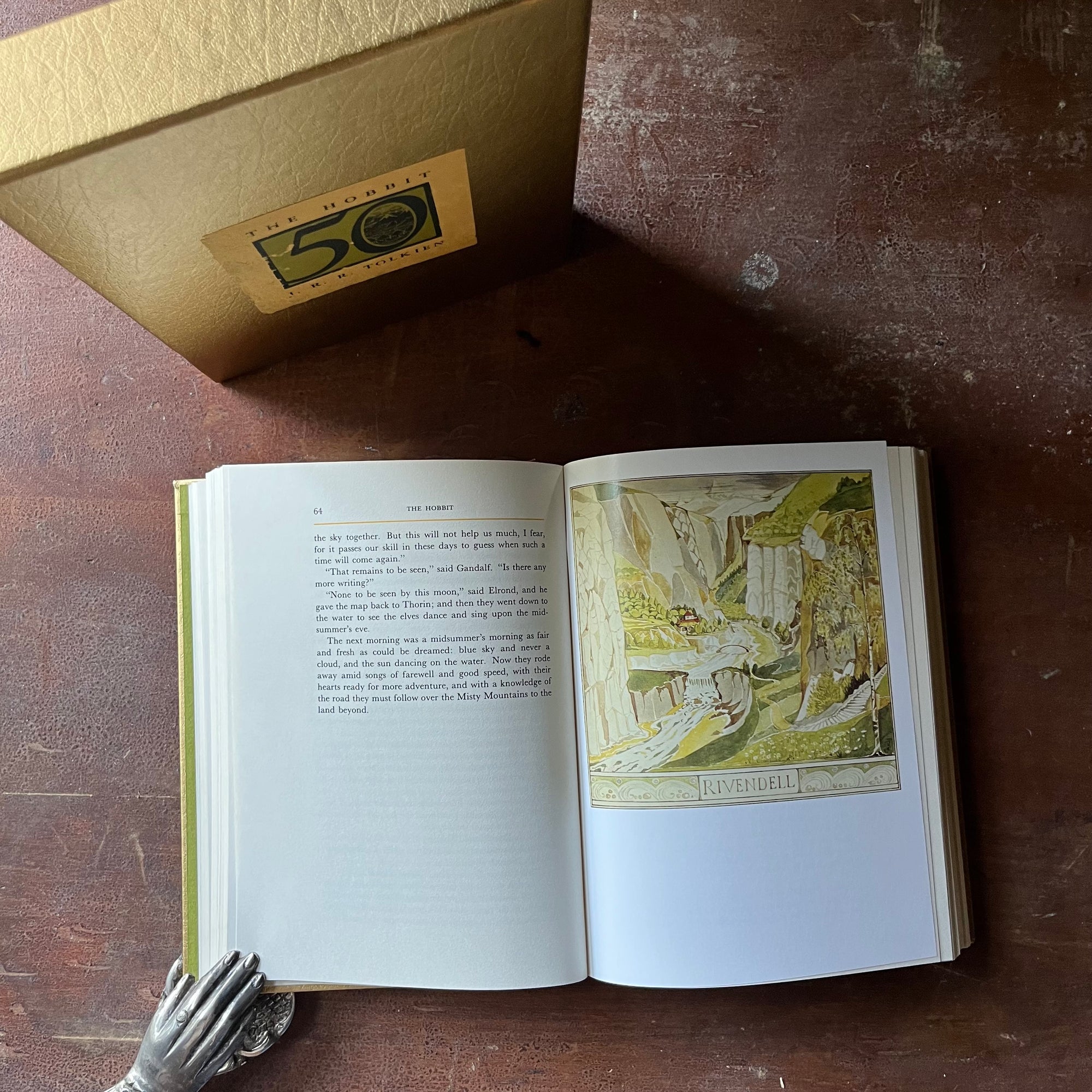 vintage children's chapter book, special edition book, classic literature - The Hobbit written and illustrated by J. R. R. Tolkien-50th Anniversary Edition in Sleeve - view of the full-color illustrations